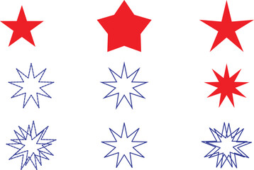 Fototapeta premium Star Assortment in Red and Blue with Varying Shapes and Styles on White Background