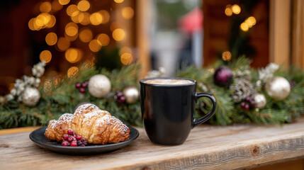 Obraz premium Festive gothmas hot chocolate with pastry at outdoor holiday stand