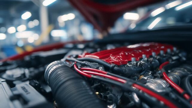 Cinematic close-up of an engine diagram, vibrant hoses, wiring harnesses, and mechanical parts depicted with high clarity and depth