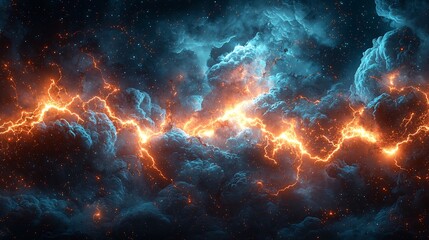 Fototapeta premium A dramatic sky filled with storm clouds and bright orange lightning strikes illuminating the scene