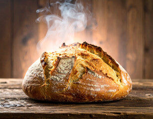 Fresh baked bread smoking on rustic wooden background, artisanal food photography