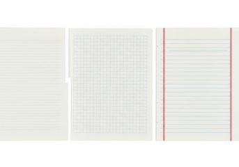 Collection of three different types of lined and gridded paper sheets, isolated on transparent background