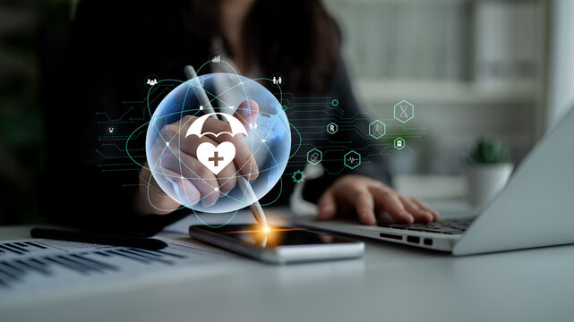 Global healthcare and medical insurance solutions for family protection. Digital technology provides access to health services and insurance worldwide. Motif - Powered by Adobe