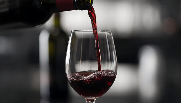 Premium Red Wine Pouring. Luxury Red Wine Stream. Red Wine in Crystal Glass. A close-up of deep red wine pouring from an elegant bottle into a crystal glass, rich colors