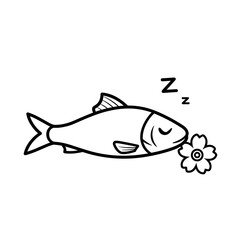 Minimalist line art of a tiny sardine resting peacefully with a flower, exuding humor and charm