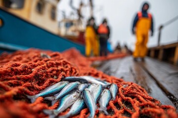 Fishermen sorting through freshly caught fish on a rainy day at the dock by the fishing boat