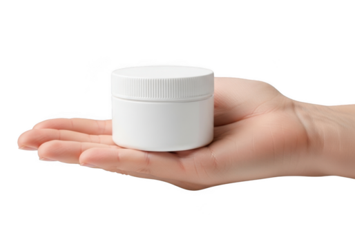 Hand holding small white cosmetic cream jar with screw top lid isolated on transparent background