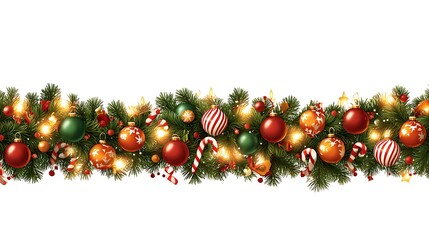 Christmas garland with ornaments, candy canes, and lights isolated on white background