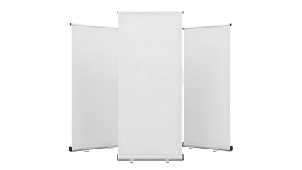 Three tall white display panels arranged in a triptych formation isolated on transparent background