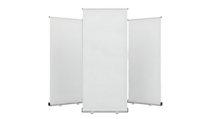 Three tall white display panels arranged in a triptych formation isolated on transparent background