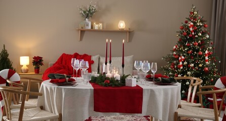 Festive table setting with Christmas decor indoors