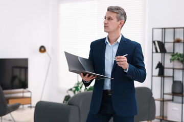 Real estate appraisal. Inspector with folder conducting property valuation at home, space for text