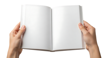 Hands holding an open blank book with white pages isolated on transparent background