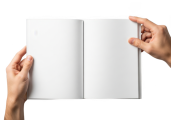 Two hands holding open a blank white book or magazine with empty pages for copy space, isolated on transparent background