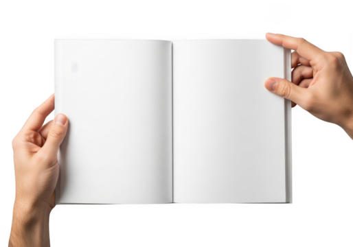 Two hands holding open a blank white book or magazine with empty pages for copy space, isolated on transparent background