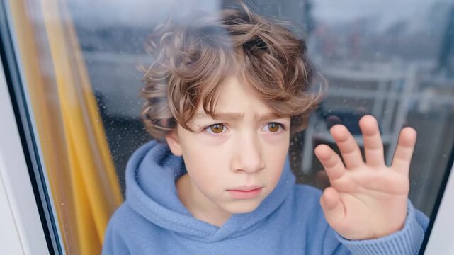 Young boy with a pensive expression and ringlet hair gazing out the window on a gloomy day. He appears crestfallen and restless while cooped up indoors during a rainy spell