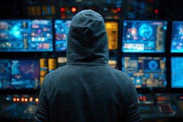 Person in hoodie analyzing data on multiple screens in a high-tech control room at nighttime