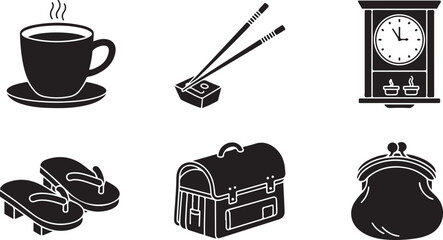 Collection of Japanese cultural icons: coffee, chopsticks, clock, sandals, bag, purse