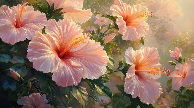 A close-up of pastel peach and lavender hibiscus flowers blooming on a lush green bush