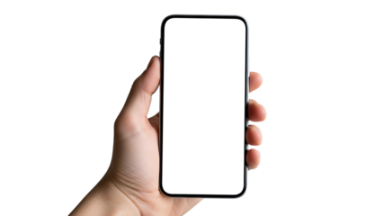 Human hand holding a modern smartphone with a blank white screen isolated on transparent background