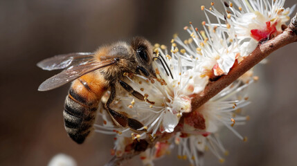 Closeup of a bee collecting pollen from white blossoms in springtime garden Generative AI