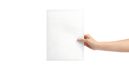 Hand holding a blank white paper sheet isolated on transparent background