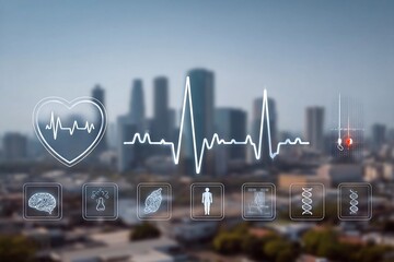Health technology icons overlay city skyline showing advancements in medical science and health monitoring systems in a modern urban area