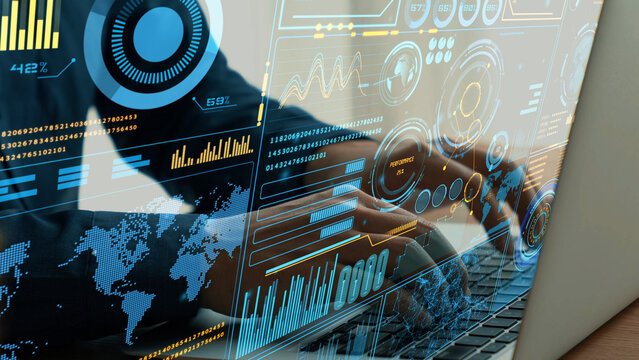 Explore a dynamic technology interface with data analytics features overlaid on a laptop, perfect for business and finance applications in modern industry. Cipher