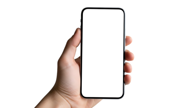 Human hand holding a modern smartphone with a blank white screen isolated on transparent background