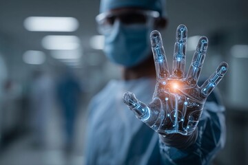 Medical professional demonstrates advanced robotic hand technology in a clinical setting for surgical enhancement