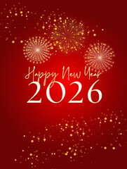 2026 Happy New Year Greeting Card with Fireworks on Red Background