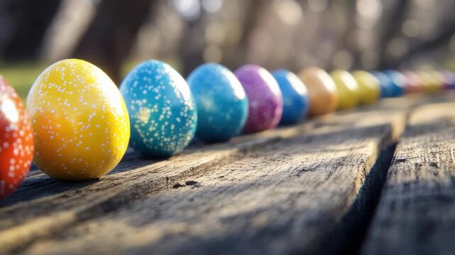 Multi-colored Easter egg shells with vibrant speckles, arranged on a wooden table for display or holiday decoration.