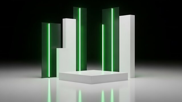 Abstract geometric composition with green glowing tubes and white blocks
