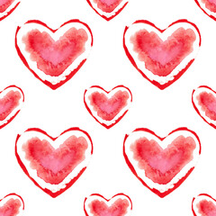 Charming pattern of red hearts. Valentines day. Love background. Watercolor illustration on a white background.