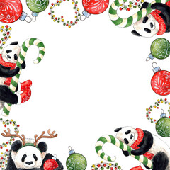 Christmas frame with pandas and Xmas tree baubles, watercolor illustration.