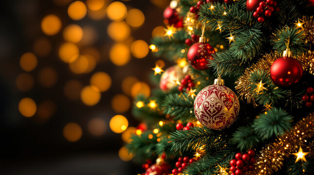 Weihnachtsbaum, Weihnachten, festlich, Dekoration, Weihnachtskugeln, Gold, Rot, Bokeh, Tanne, Christbaum, Christbaumkugeln, Weihnachtsschmuck, Girlande, Lametta, Schneeflocke, Tannenzweige, Lichter, H