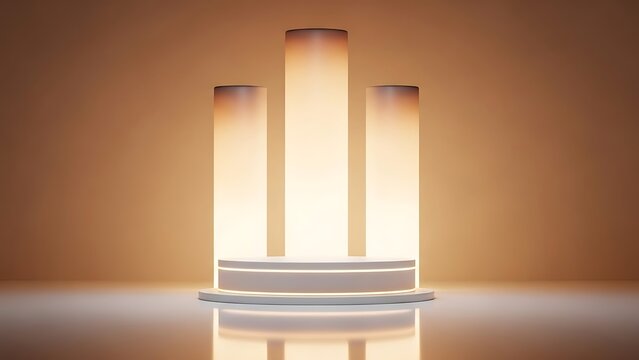 Three illuminated cylindrical towers rising from a base with warm light