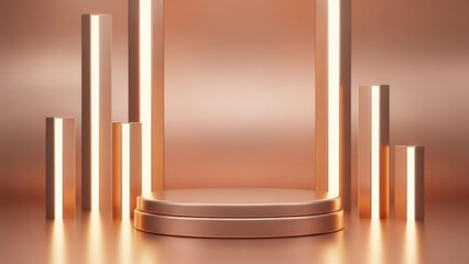 Elegant rose gold stage podium with vertical lights and reflective surface