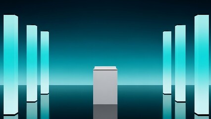 Modern minimalist white cylinder stands amidst glowing blue vertical light columns