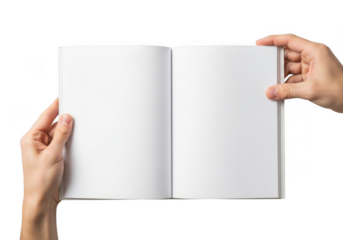 Two hands holding open a blank white book or magazine with empty pages, isolated on transparent background