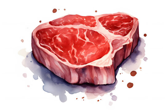 Watercolor painting of a raw juicy beef steak with marbling on white background - Powered by Adobe