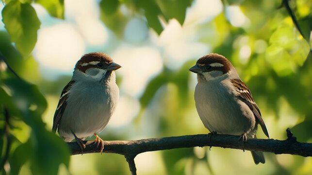 Two sparrows on a branch surrounded by vibrant green spring leaves Keywords: sparrow, house... photo