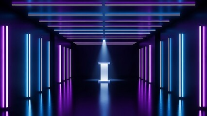 Futuristic neon tunnel with glowing lights and spotlight