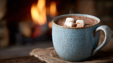 Hot chocolate in a mug with marshmallows by a fireplace.