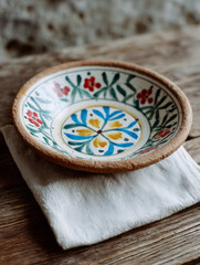 Handmade ceramic bowl with floral design on rustic table.