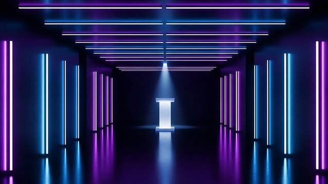Futuristic neon tunnel with glowing lights and spotlight