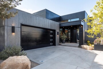 Naklejka premium Modern black concrete house with sleek design and minimalist landscaping in bright daylight