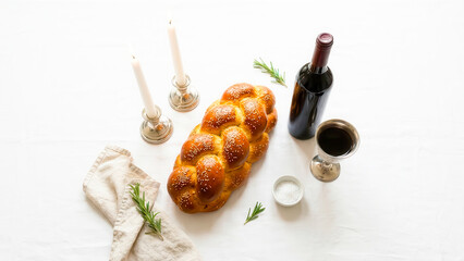 Challah bread, red wine, and candles create a warm and inviting Shabbat dinner scene in a cozy home setting