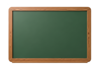 Empty green chalkboard with wooden frame isolated on transparent background for education and presentation mockup