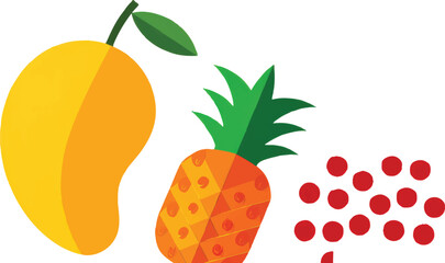 A vibrant illustration featuring a mango, a pineapple, and red berries on a white background.